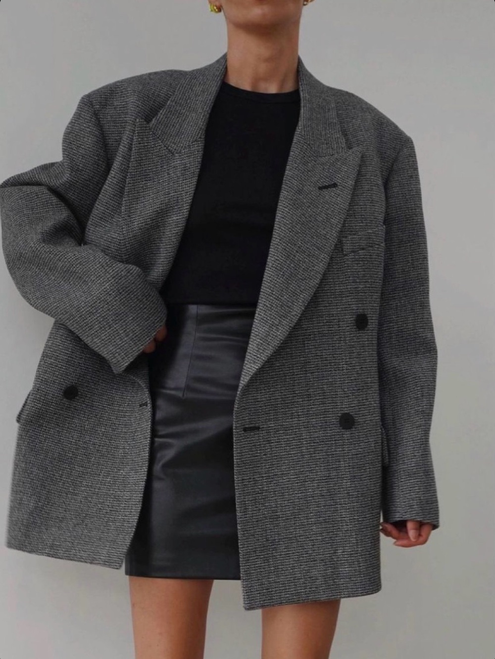 Womens Wool Gray/Brown/tan Houndstooth Double-Breasted Blazer Jacket - Size Med